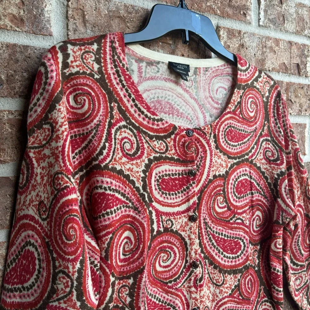 Talbots Pure Merino Wool Cardigan 3/4 Sleeve Burnt Orange Paisley